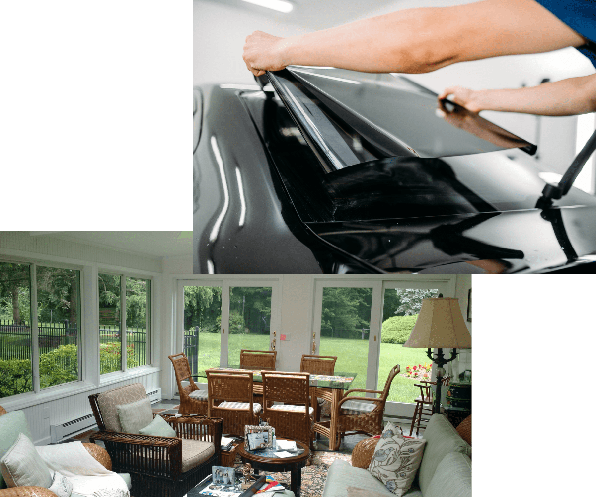 A collage of two pictures with a person putting the window in place and a room filled with furniture.